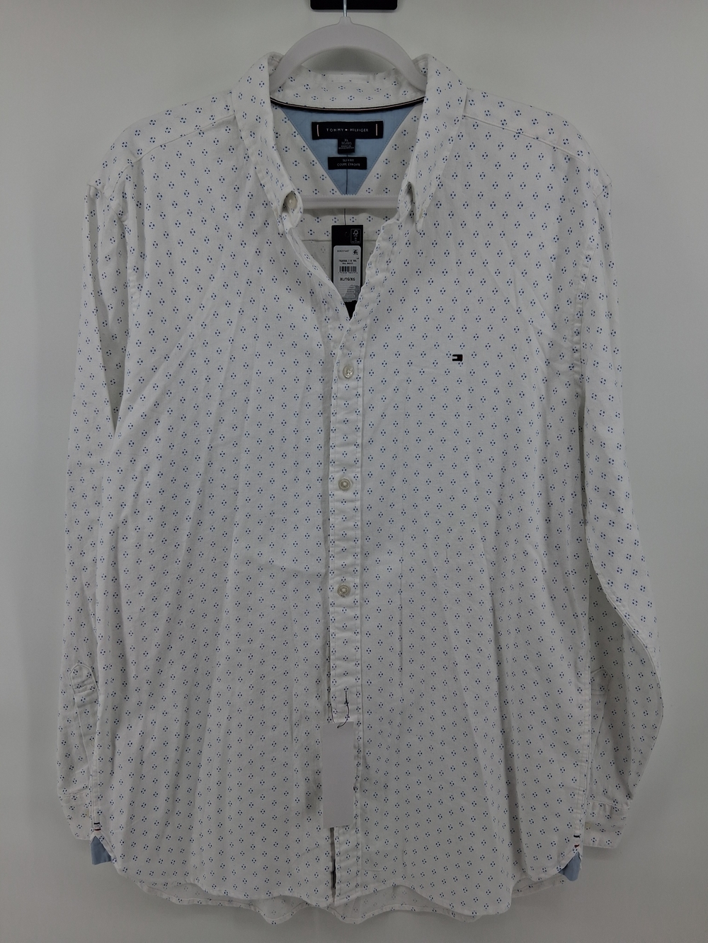 Tommy Hilfiger White Button-Down Shirt with Small Blue Geometric Print